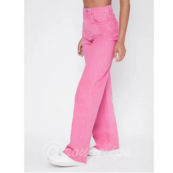 90s Style Pink Wide Leg Jeans High Waist Raw Hem - Picture 6 of 14